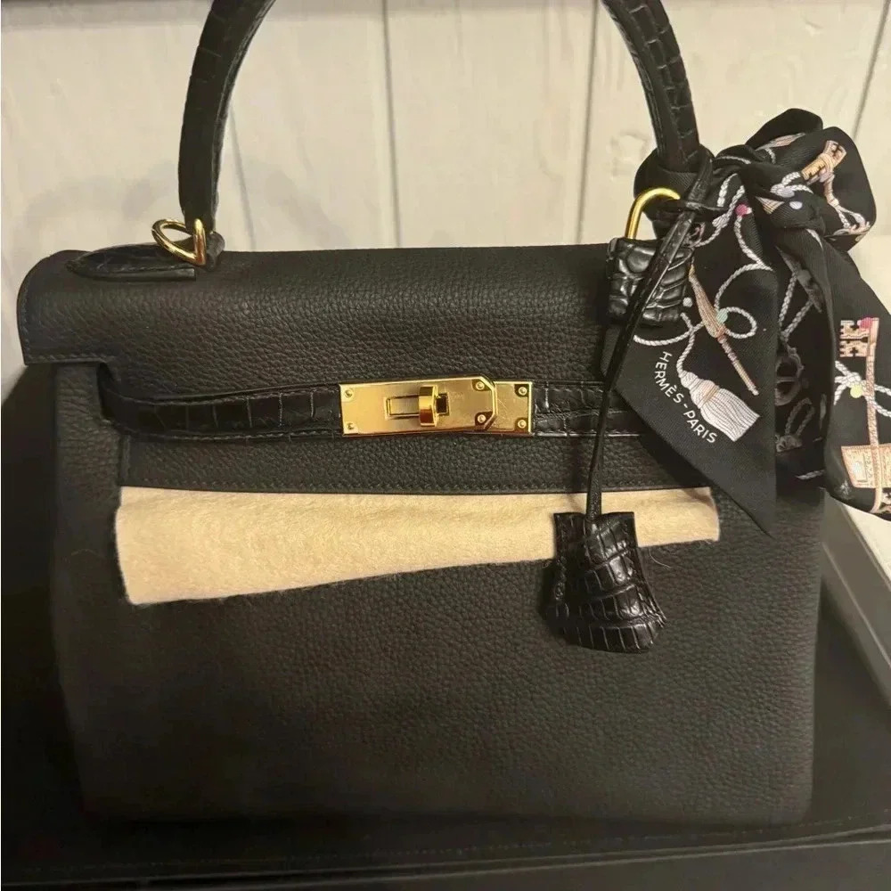 Hermes Togo matte porous crocodile Kelly retourne touch black 28. Full set - Picture 3 of 6